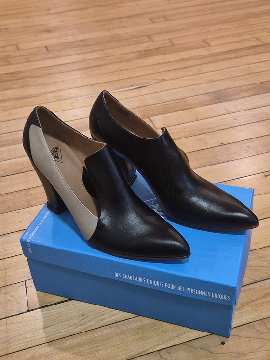 John Fluevog Shoes - John Fluevog Elegant Conversation Kendra Black and Cream Leather Heels